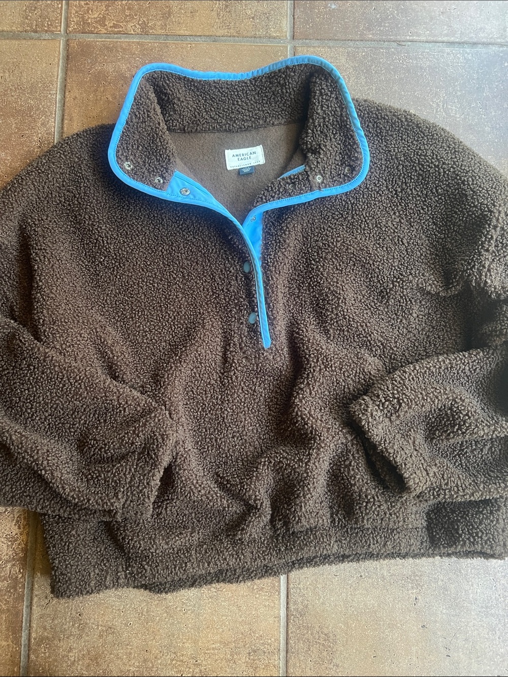 American Eagle Outfitters Brown Sherpa Half-Snap with Blue Trim